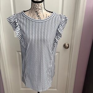 Striped Ruffle Sleeve Top - Blue and White